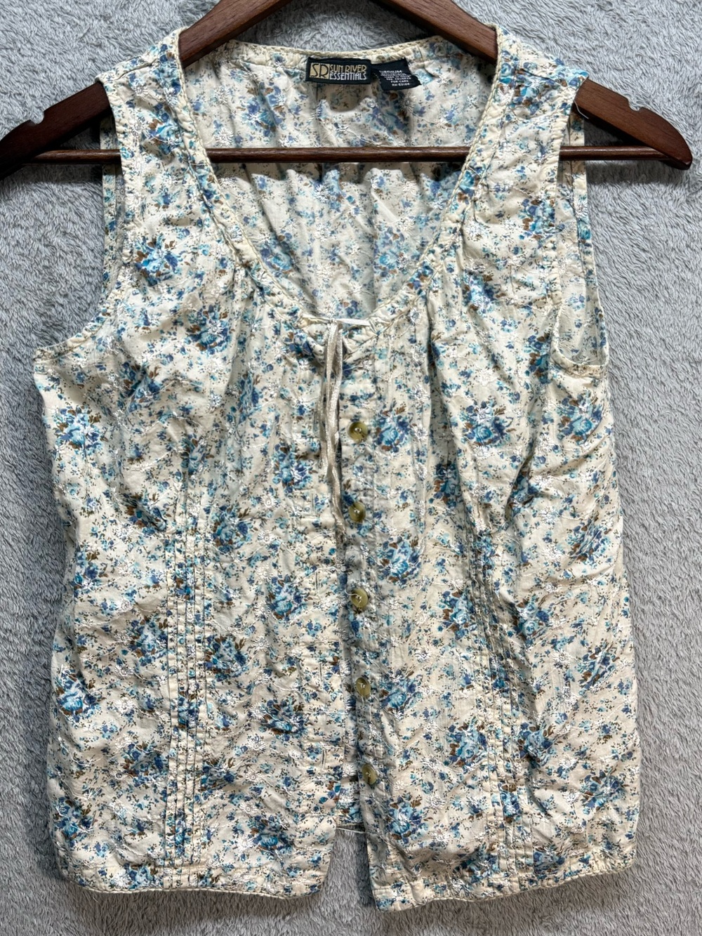 Sun River Essentials Floral Button Up Vest Top Cream Blue Cotton Size Medium